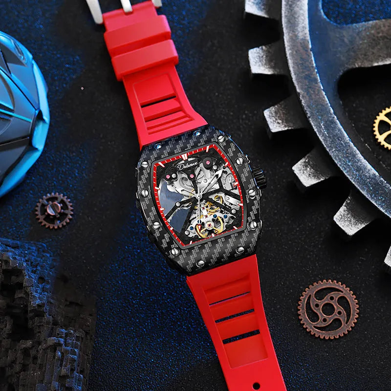 Men's black mechanical waterproof watch with luminous hands on a rubber strap, showing a transparent case back.