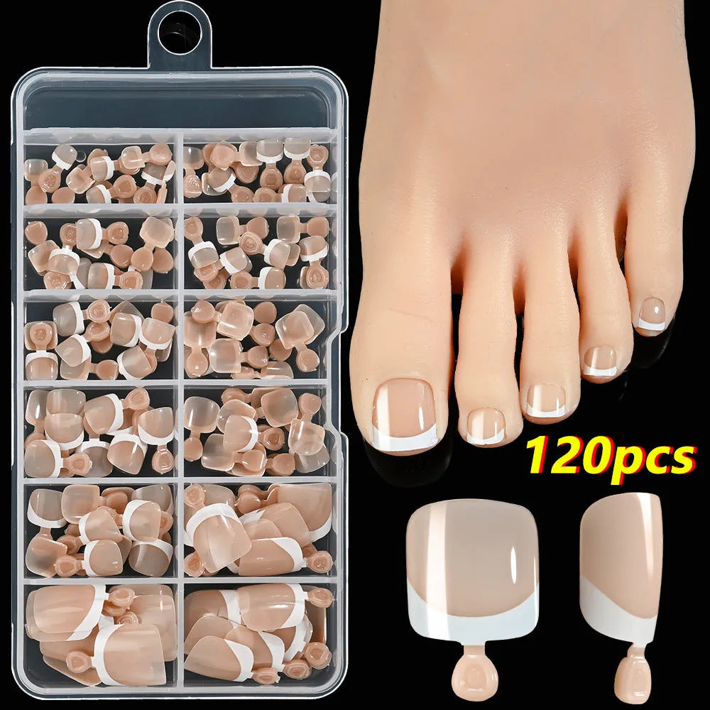 French white edge feet nude full square short artificial nail pieces 120pc boxed set showing multiple nude colour shades