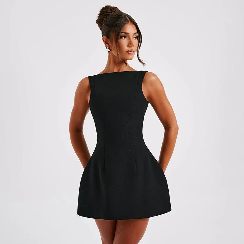 Backless slim-fitting sleeveless summer dress in polyester fabric on a hanger