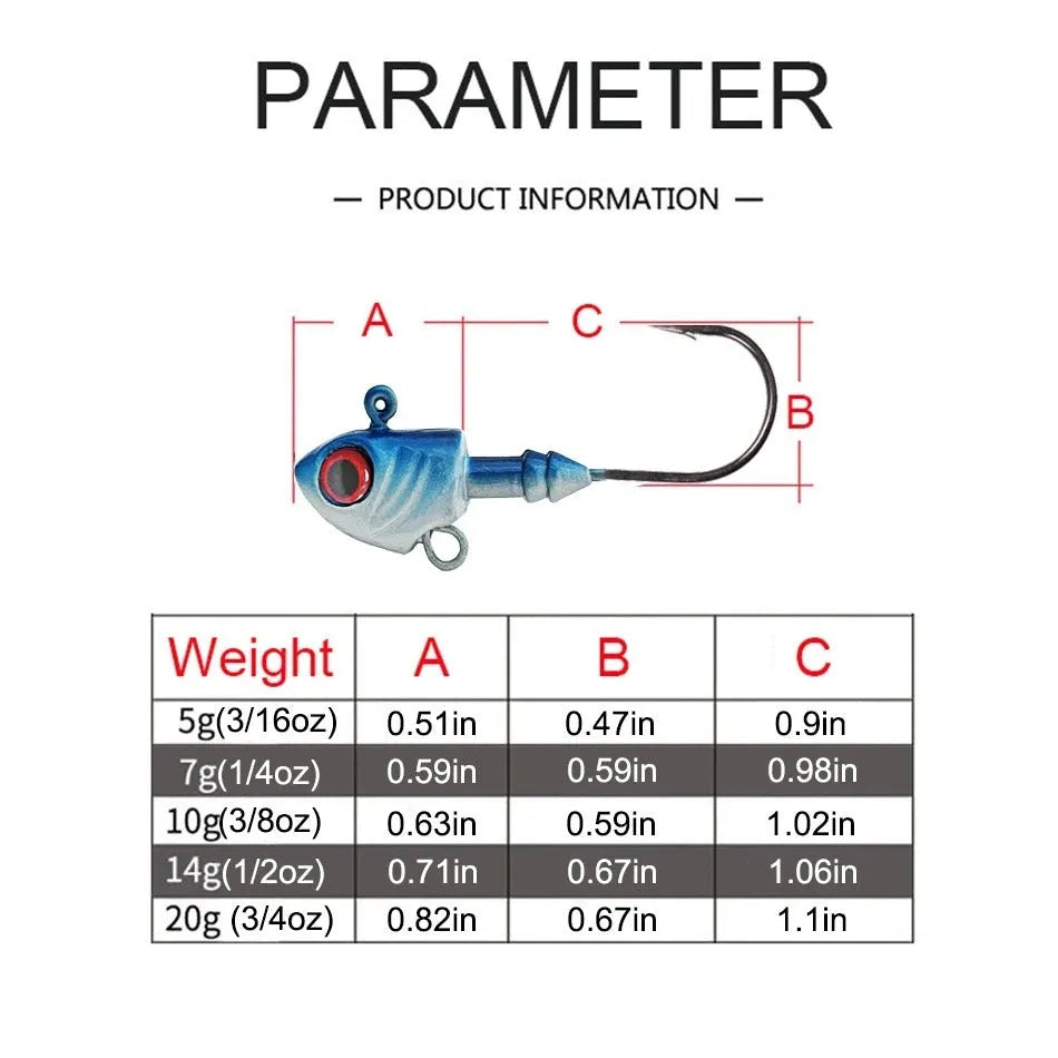 Yayu-shaped lead head hook fishing lure simulation in blue, silver, and yellow colours showing different weight sizes.