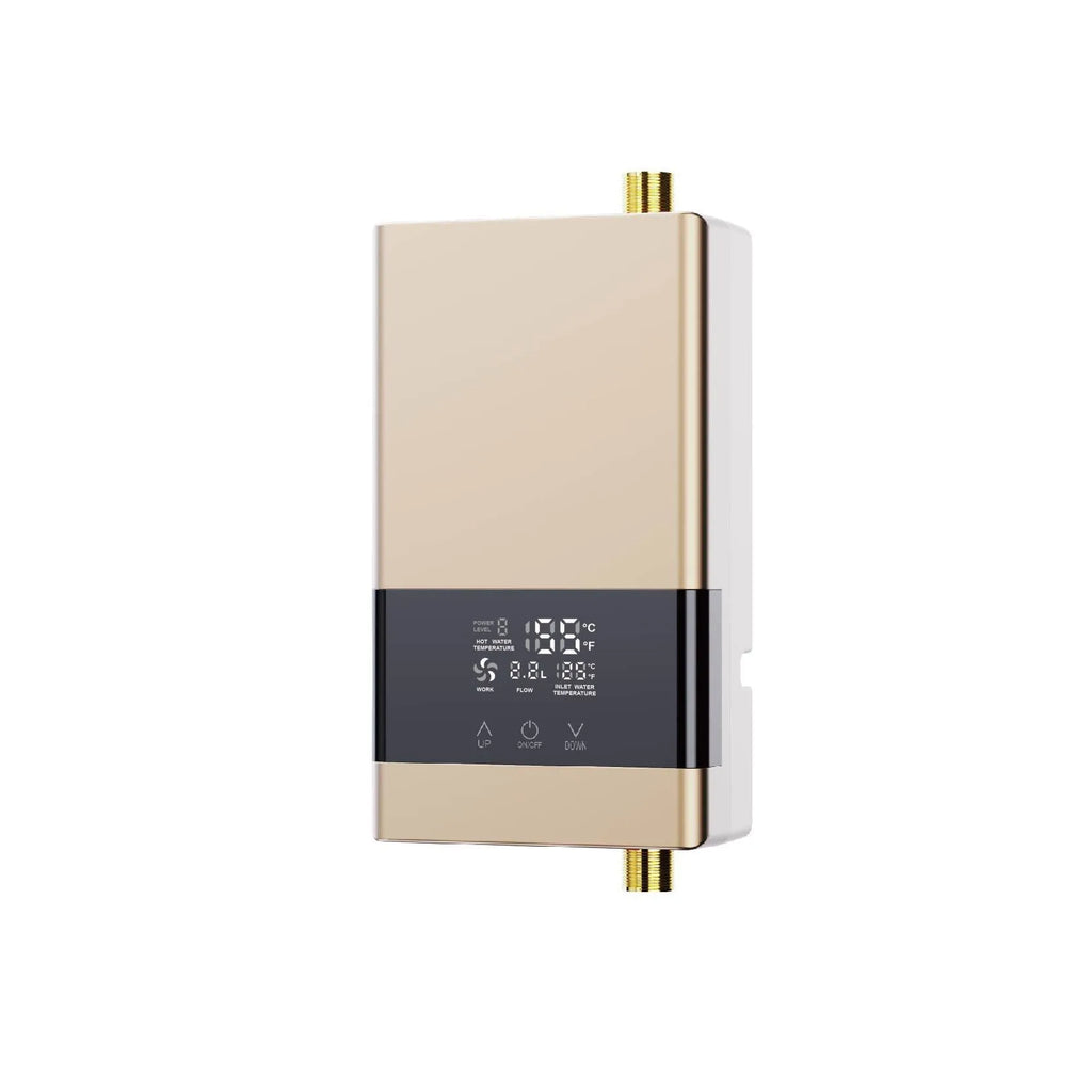 Small constant temperature water heater with LED touch screen display in gold, silver, or white finish