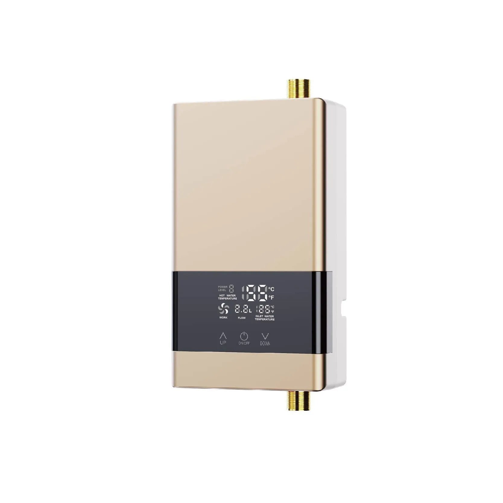 Small constant temperature water heater with LED touch screen display in gold, silver, or white finish
