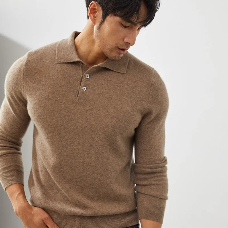 Man wearing a sapphire blue cashmere polo collar loose-fit pullover sweater
