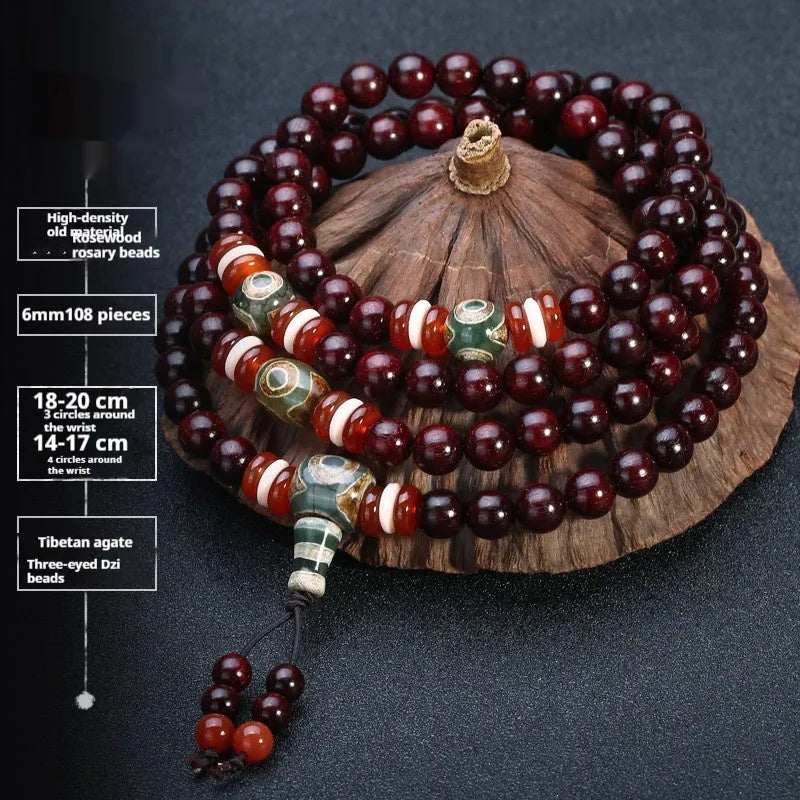 Men's rosewood 108 bead mala bracelet with a turquoise gemstone decorative centrepiece.