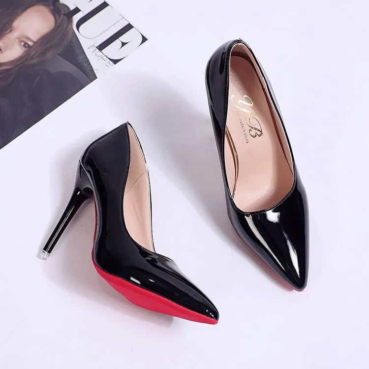 Women's solid colour stiletto heel pumps with pointed toe and shallow mouth opening