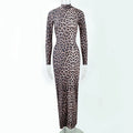 Women's leopard print long dress with a stand collar and long sleeves, showcasing a high waist and hip skirt silhouette.
