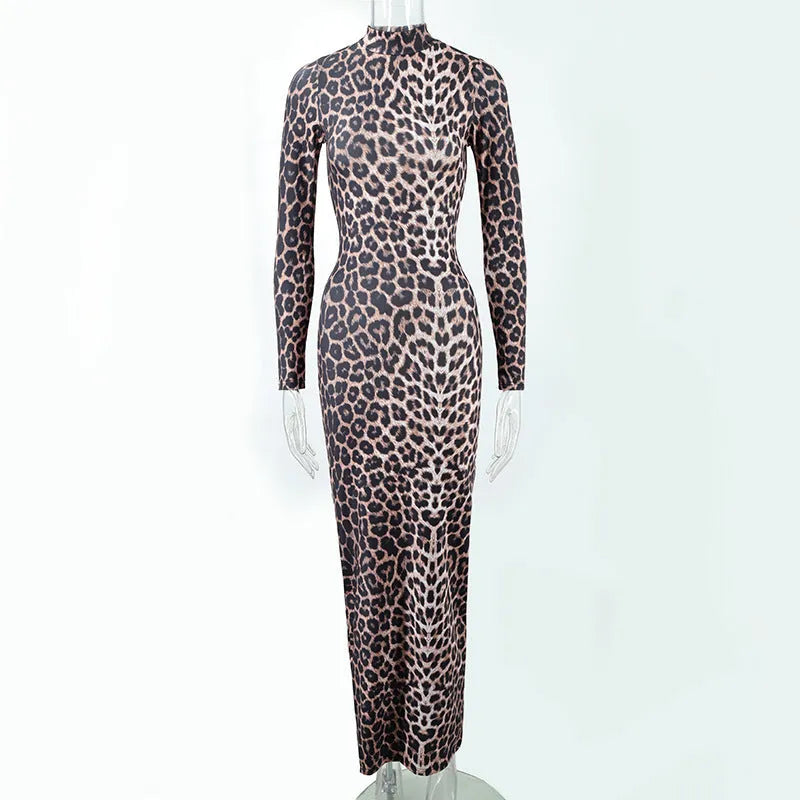 Women's leopard print long dress with a stand collar and long sleeves, showcasing a high waist and hip skirt silhouette.