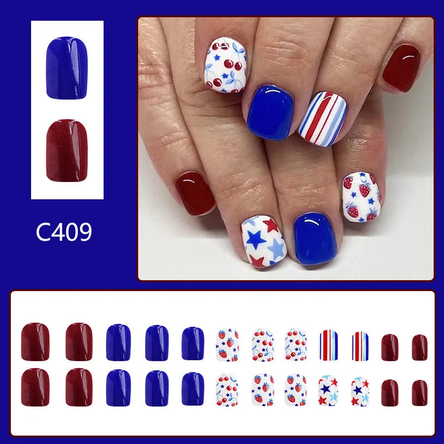 Short glossy nail stickers with red and blue strawberry and cherry pattern, 24 pieces.