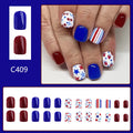 Short glossy nail stickers with red and blue strawberry and cherry pattern, 24 pieces.