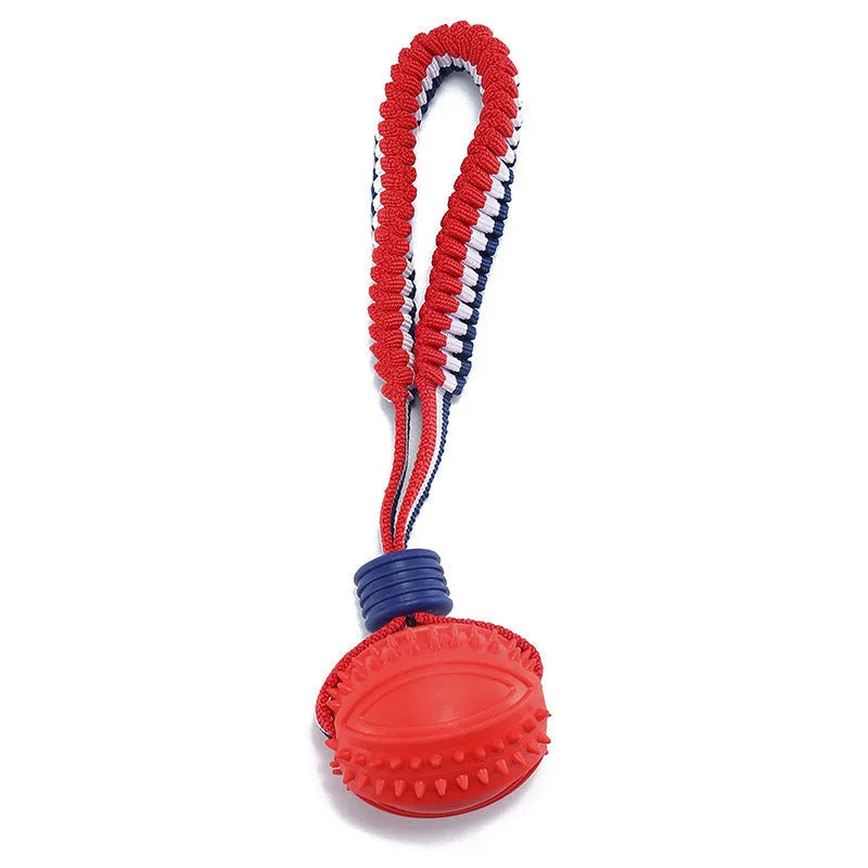 Blue dog ball with rope toy showing 29cm length and textured 6.5cm rubber ball