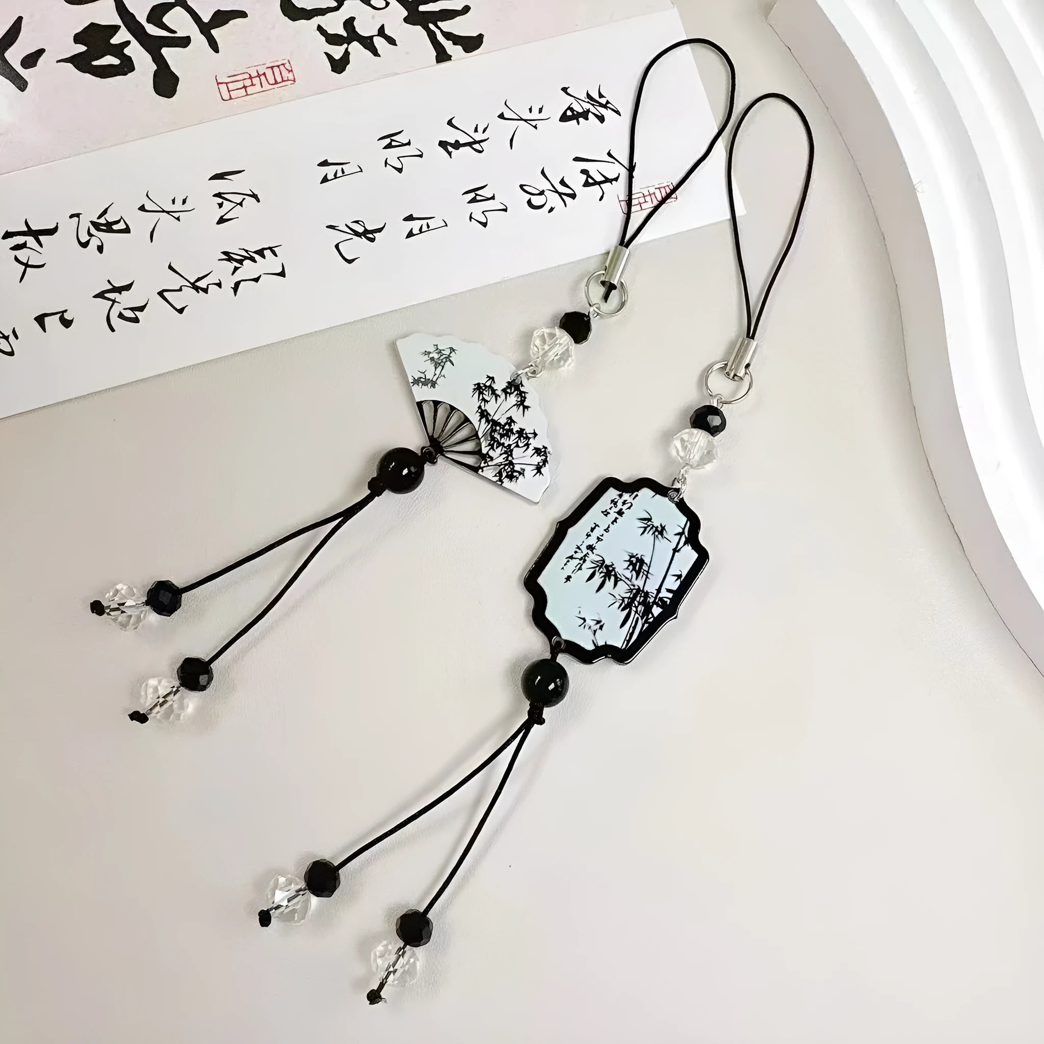 Guofeng Chinese style pendant keychain with plant pattern and baked varnish beads