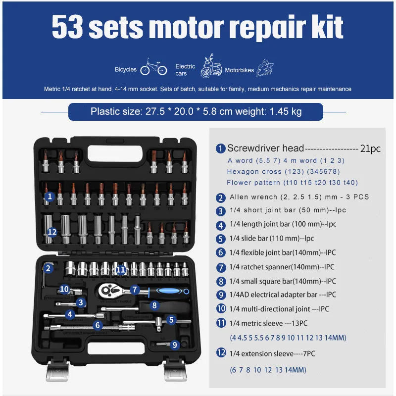Chromium vanadium steel socket ratchet wrench set for home and auto repair work