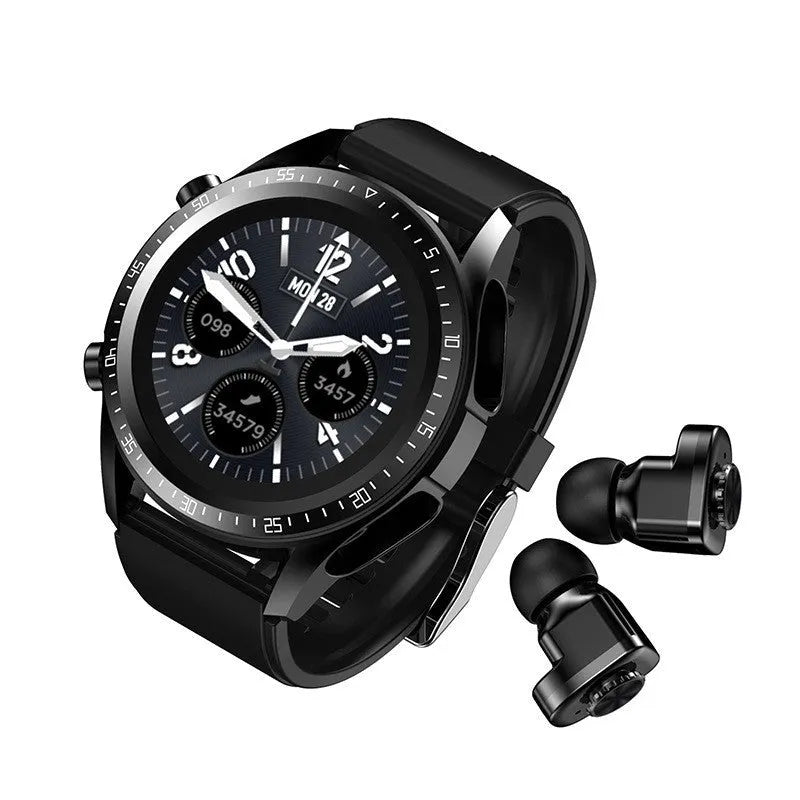 Black smart watch with blood pressure monitoring on a silicone strap, showing 1.28-inch touchscreen