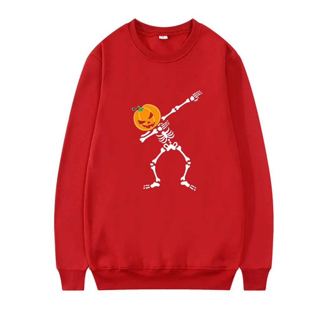 Women's printed crew neck long sleeve top in black, red, yellow, white, and orange red.