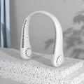 White USB rechargeable bladeless neck fan showing flexible neckband and air outlets.