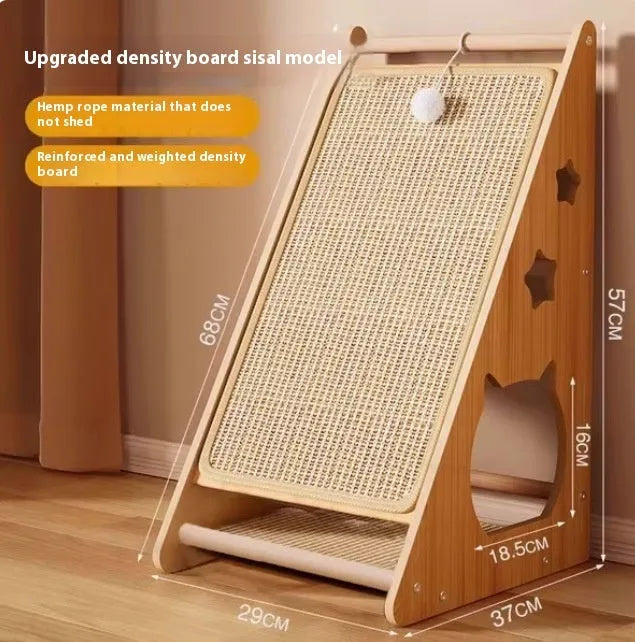 Vertical wall-mounted cat scratch board with sisal surface and cat teasing ball design