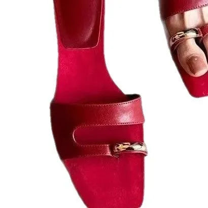 Plus size outdoor leather slippers with square head design in black, red, silver, and white colours