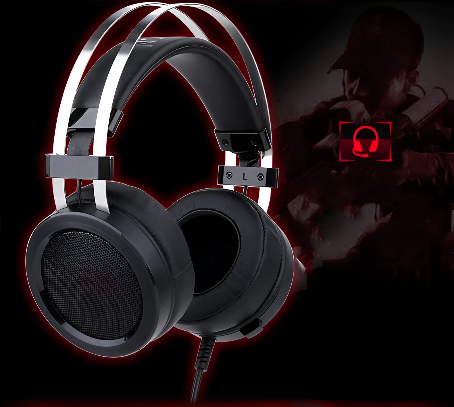 Black wired over-ear computer gaming headset with 2 metre cable and 3.5mm audio jack connector