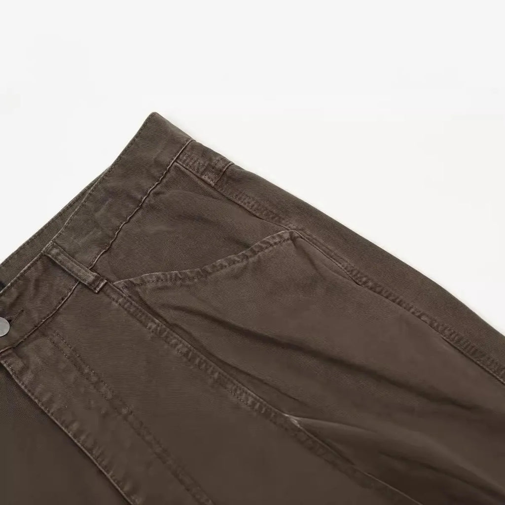Men's brown straight-leg cotton trousers with high-waist design and zipper fly opening