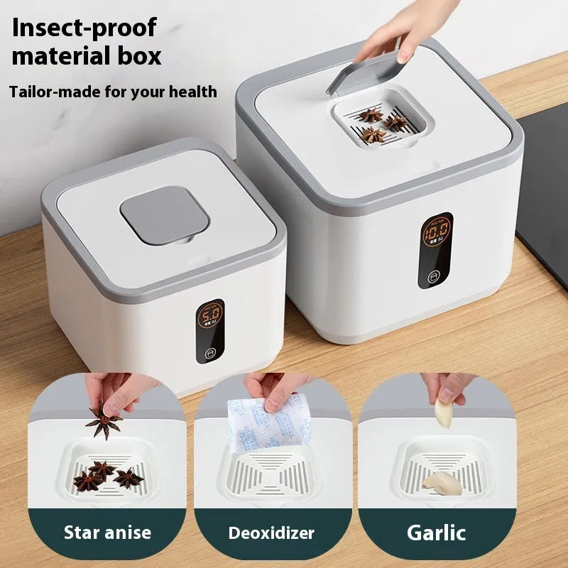 Grey plastic sealed rice storage jar with lid and measuring cup in 10kg 20kg 30kg sizes.