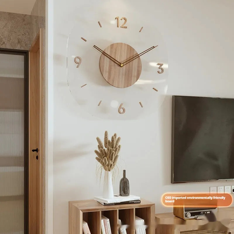 35cm square transparent wooden wall clock with modern design showing box frame and frameless options