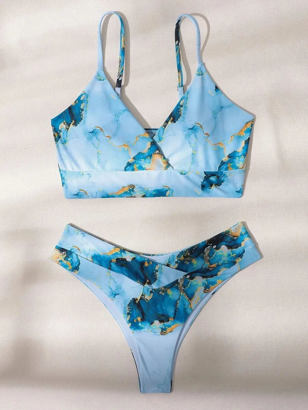 Women's marble tie-dye high-waist bikini set with U-neck top for swimming sports
