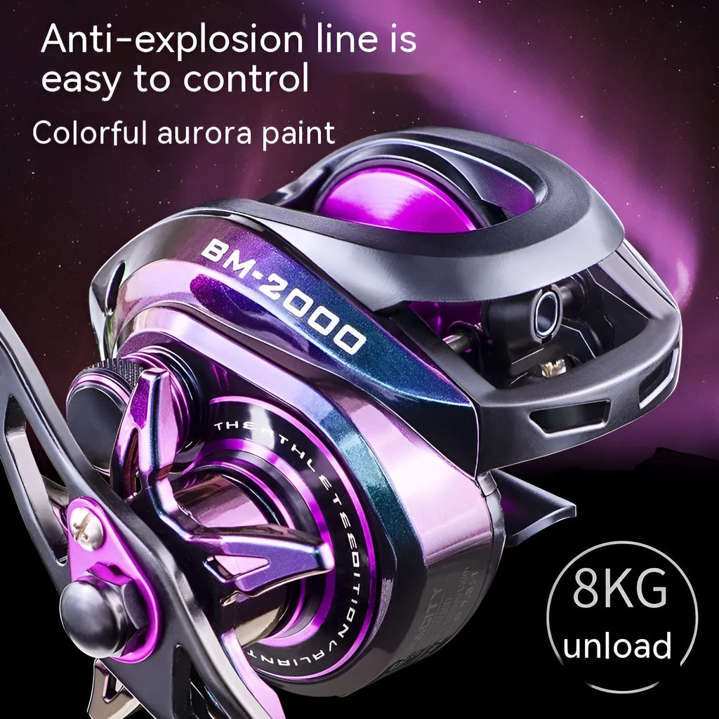 BM2000 fishing reel with water drop design, shown in left-hand and right-hand retrieve models.