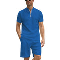 Men's solid colour short sleeve polo shirt and matching trousers two-piece set on a hanger.