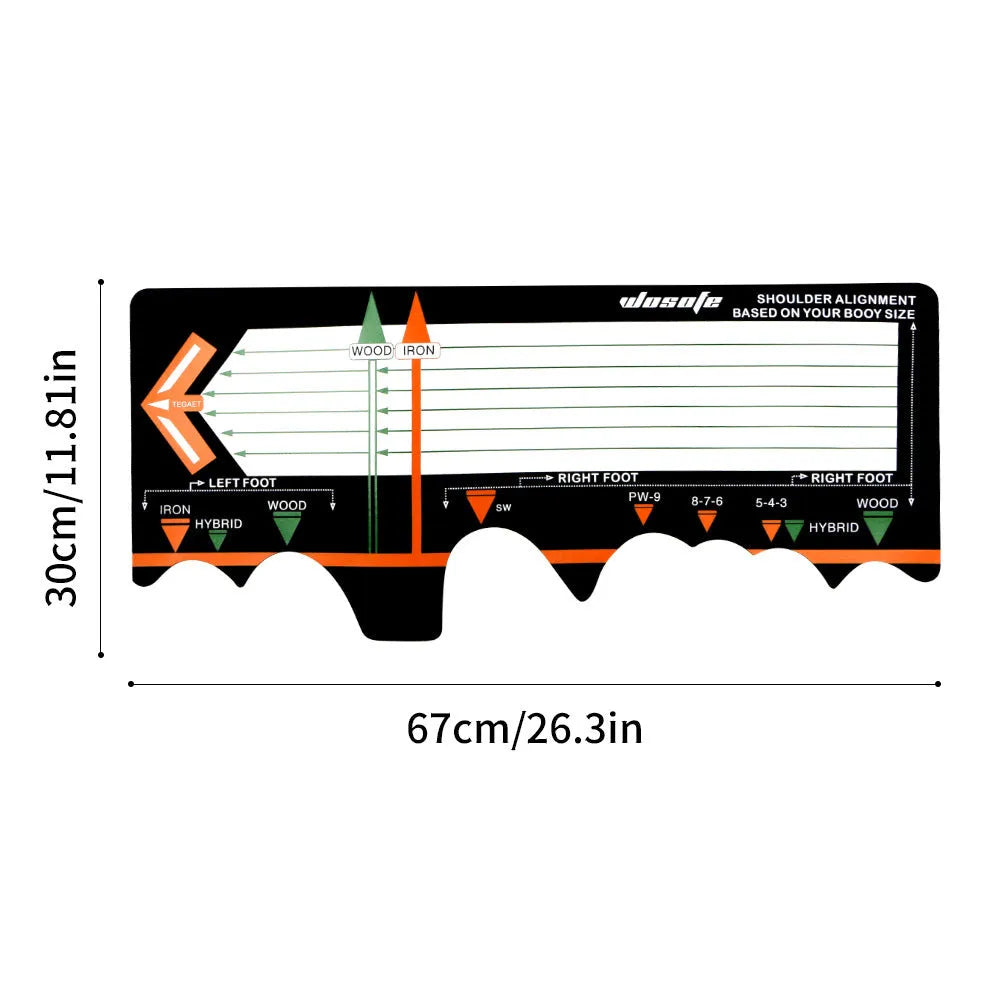 Black neoprene golf swing posture correction mat with directional alignment markings
