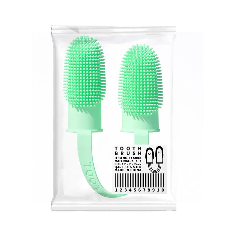 TPR silicone finger toothbrush for pet dental cleaning in blue green, pink, or yellow.