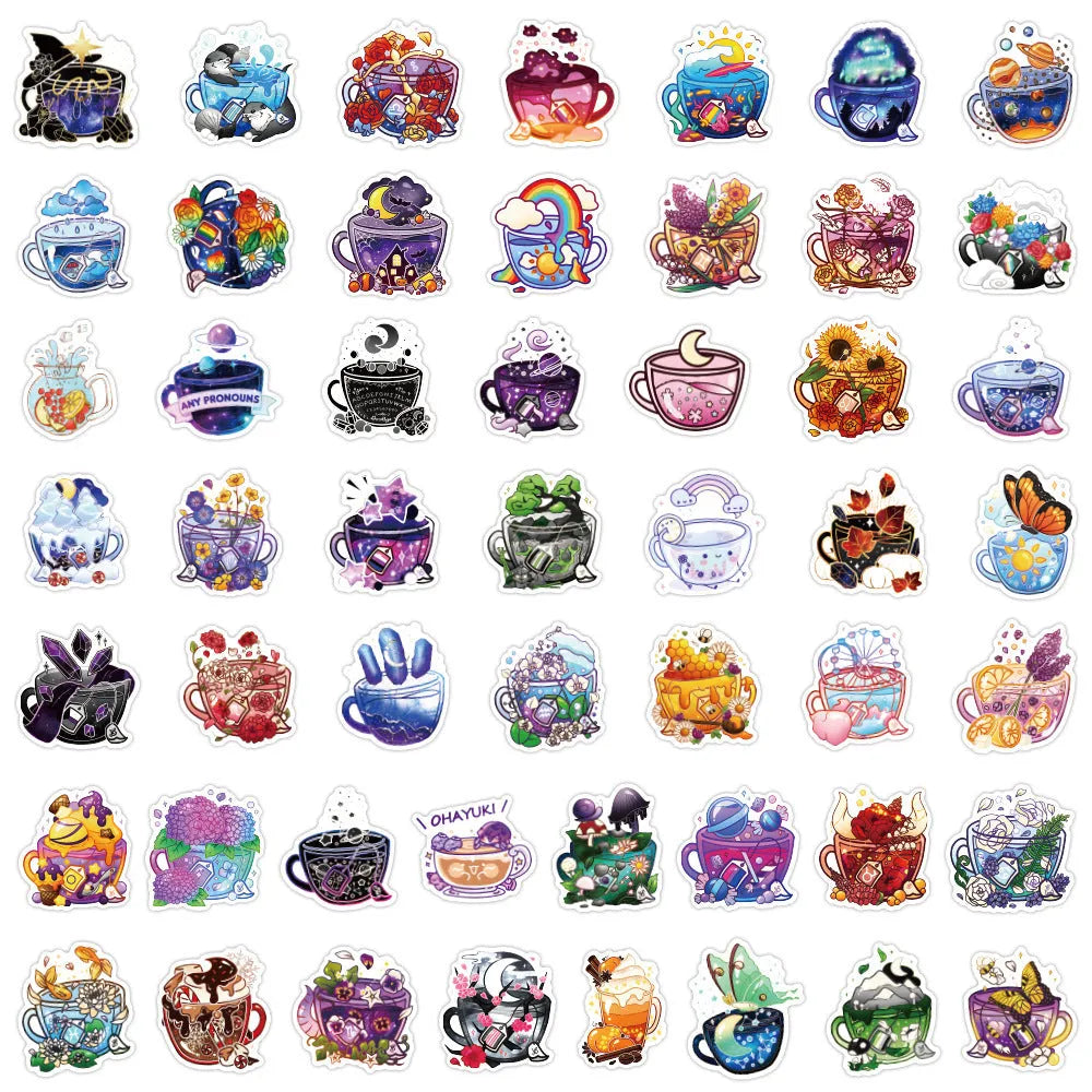 Colourful tea cup graffiti waterproof stickers in Nordic style for sports scooters