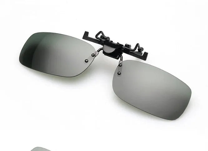 Myopia clip-on driving sunglasses with PC lenses in grey, green, and night vision options.