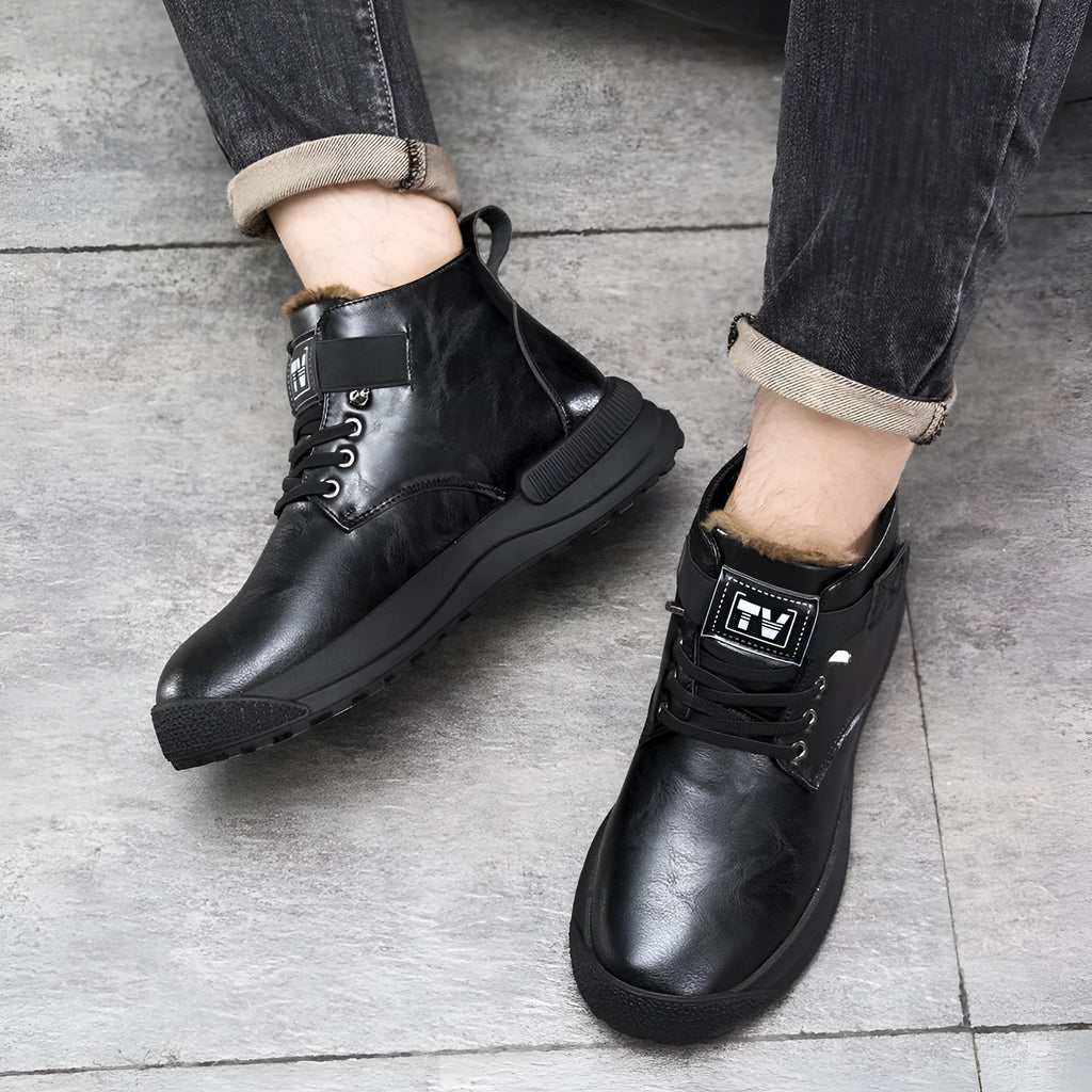 Black and brown Martin boots with high-top platform design and velvet detailing