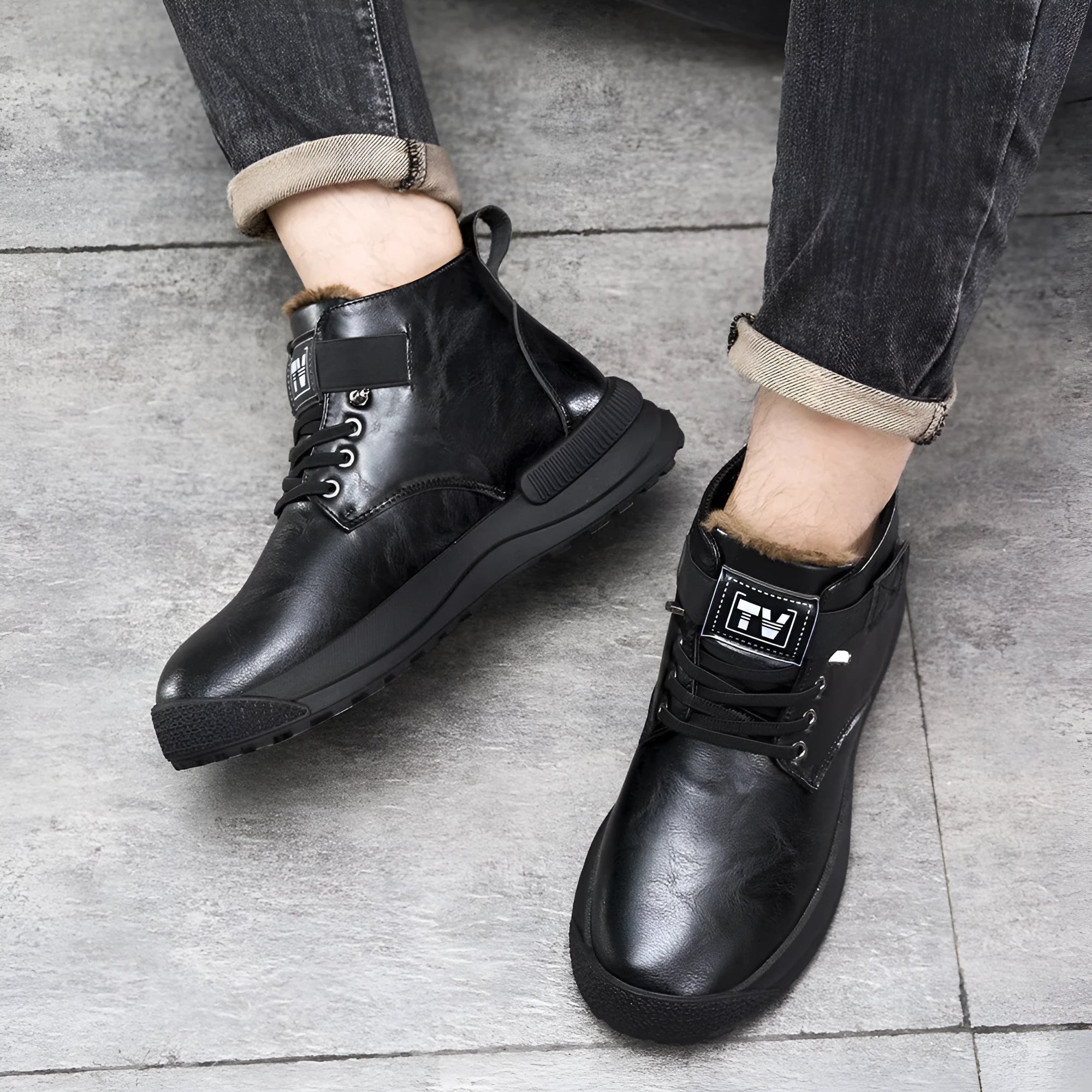 Black and brown Martin boots with high-top platform design and velvet detailing