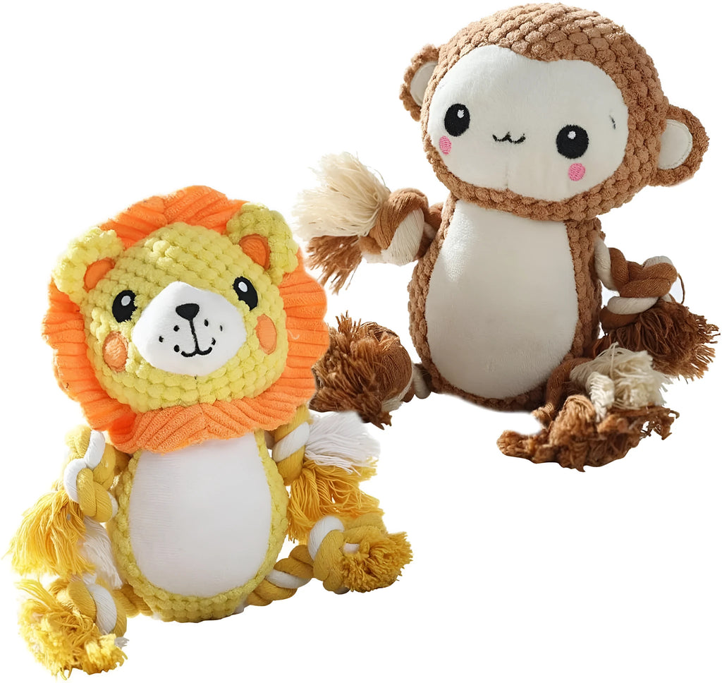 Lion and monkey soft plush squeaky dog toys side by side.