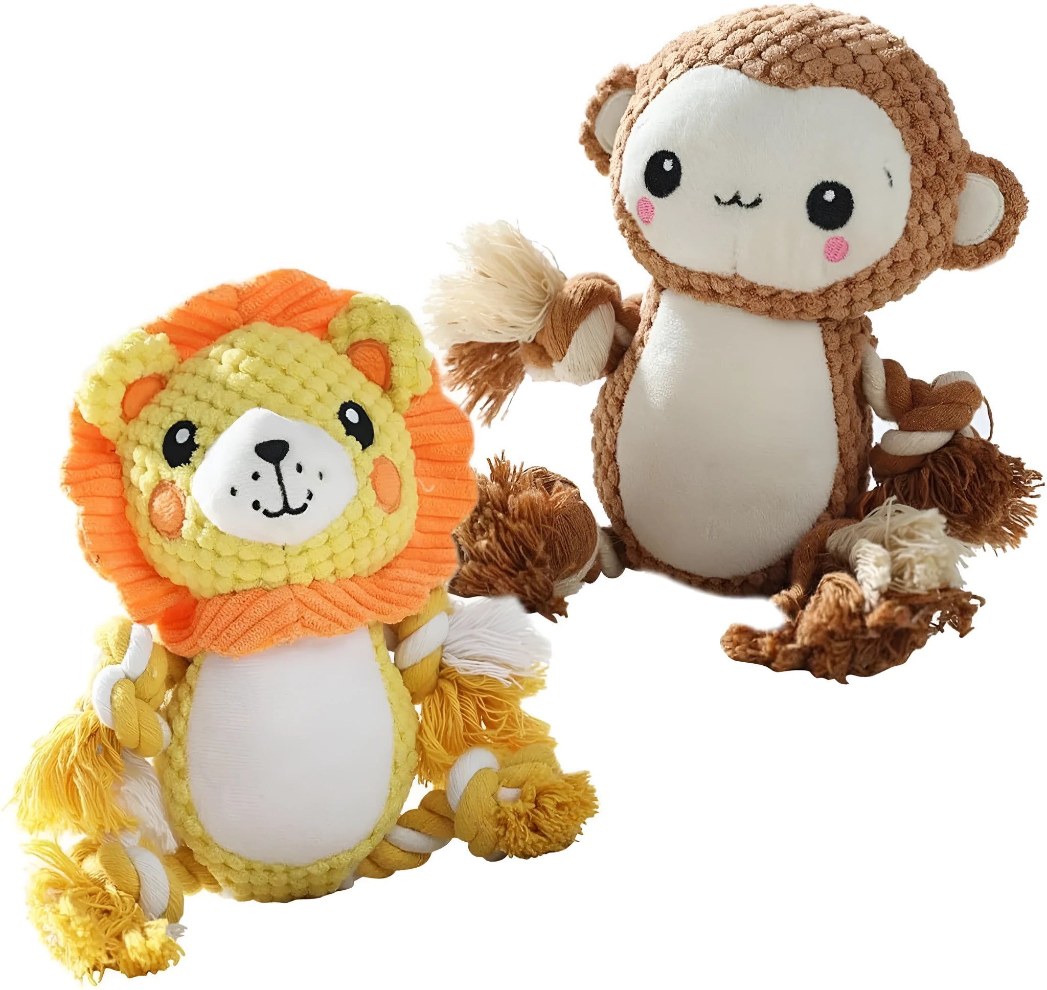 Lion and monkey soft plush squeaky dog toys side by side.
