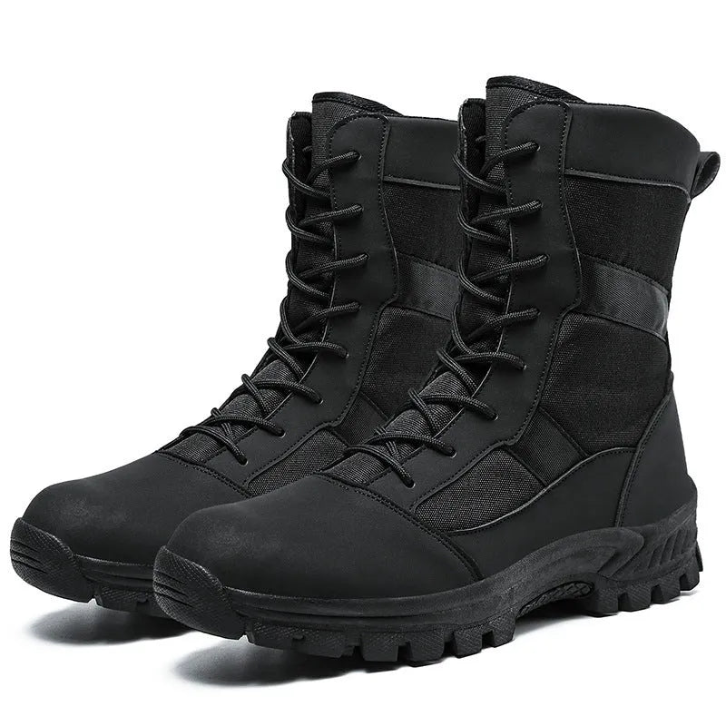 Men's black high-top combat boots with mesh upper and totem pattern detailing