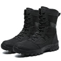 Men's black high-top combat boots with mesh upper and totem pattern detailing