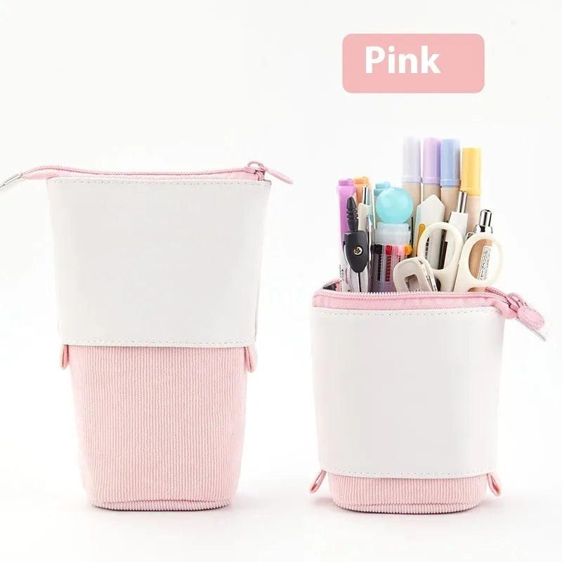 Korean style telescopic drop-down stationery case in six PU corduroy colour options