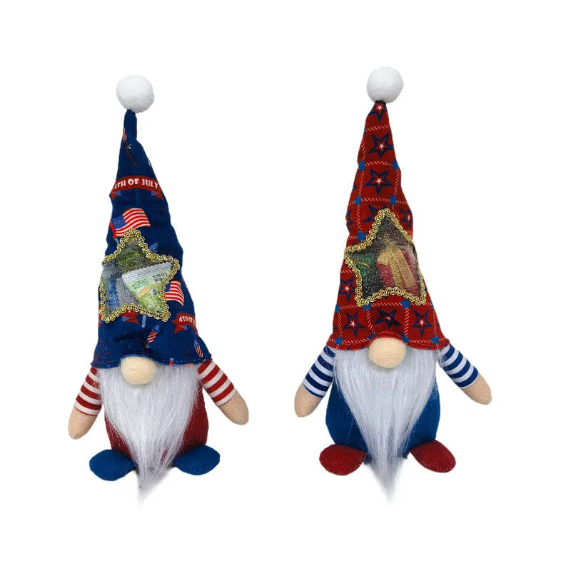 Two faceless cloth Rudolf baby doll Christmas decorations showing suit design and 32cm size.