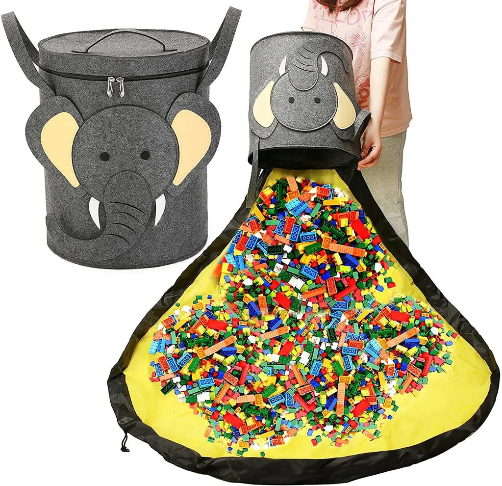 Green felt cube storage bag with pull rope shown as both toy container and play mat