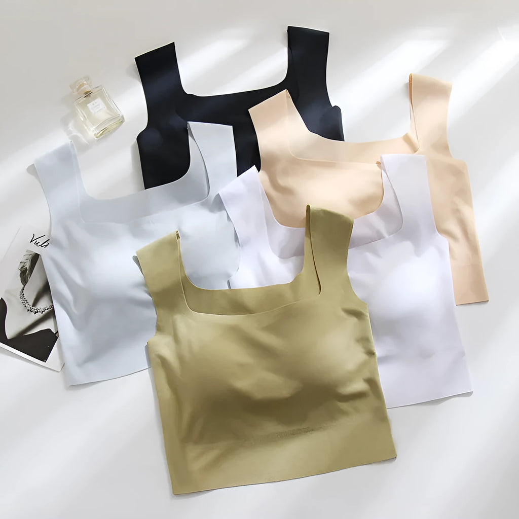 Women's non-marking fixing cup sling vest with chest pad in nylon, shown in light blue colour.