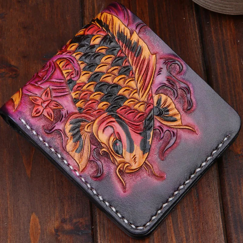 Men's hand-carved cow leather short wallet in red, blue, or gold colour, showing open closure design.