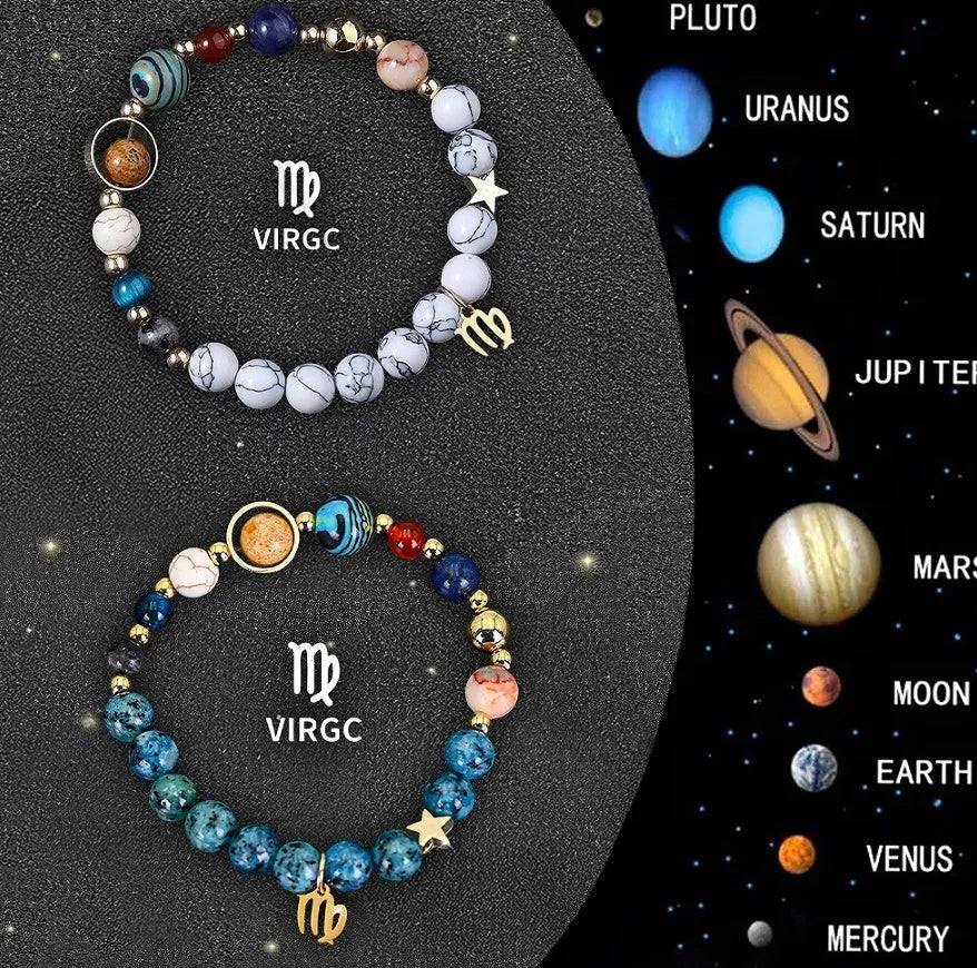 Two handmade natural stone beaded bracelets from a set of twelve zodiac sign designs.