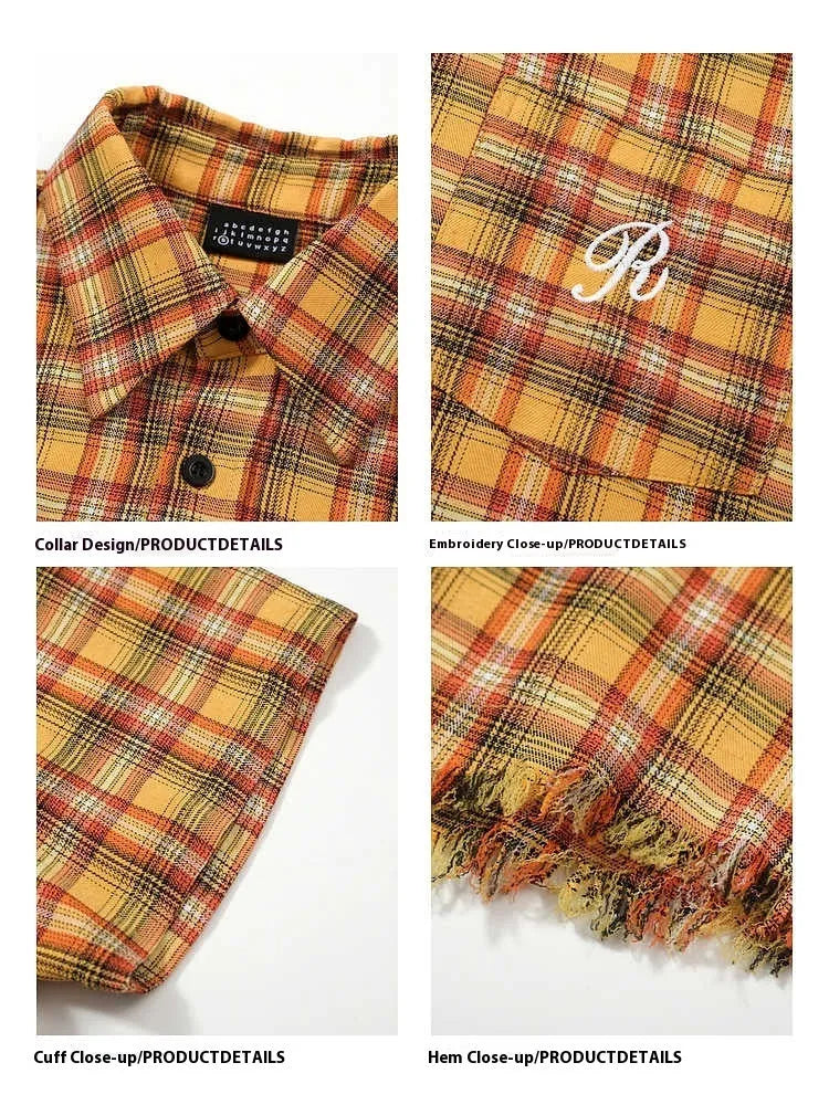 Yellow grid plaid short sleeve shirt with embroidery pocket detail in loose fit