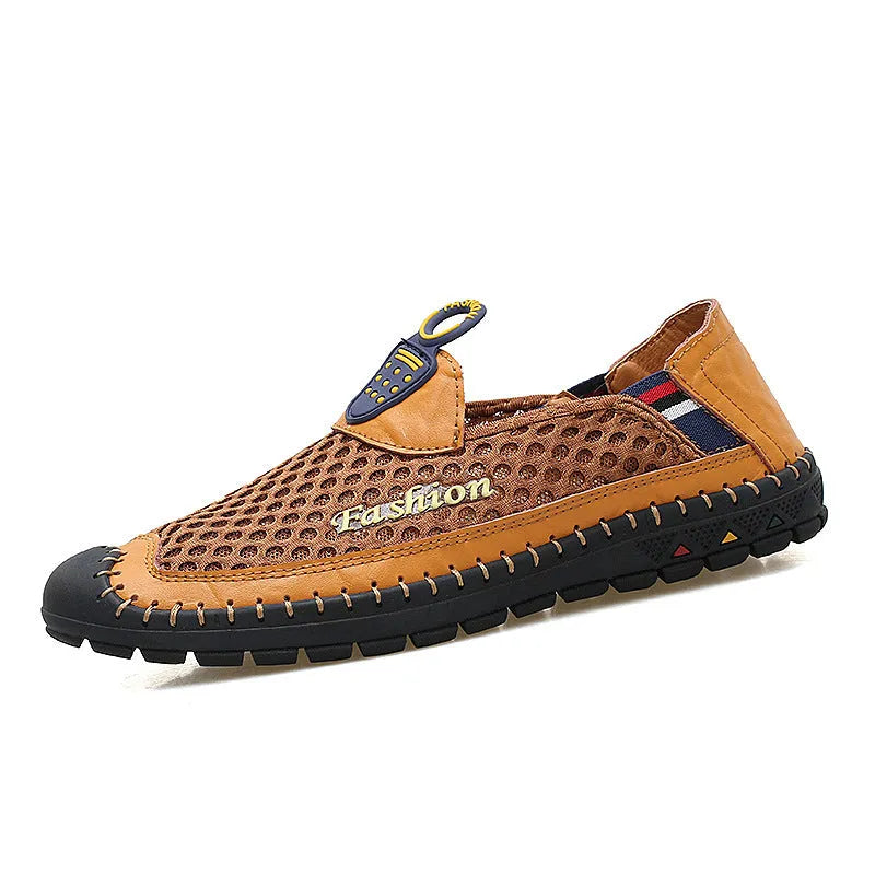 Men's brown casual mesh shoes with round toe, stitching detail, and a rubber sole.