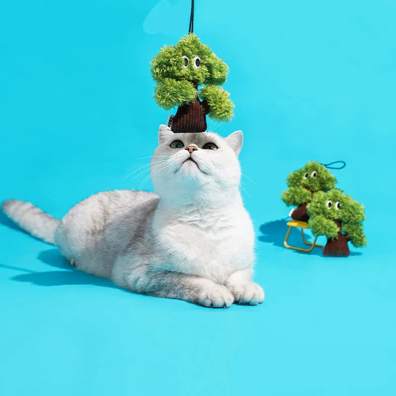 Pine tree shaped cat toy with bag pendant and tease stick for interactive play