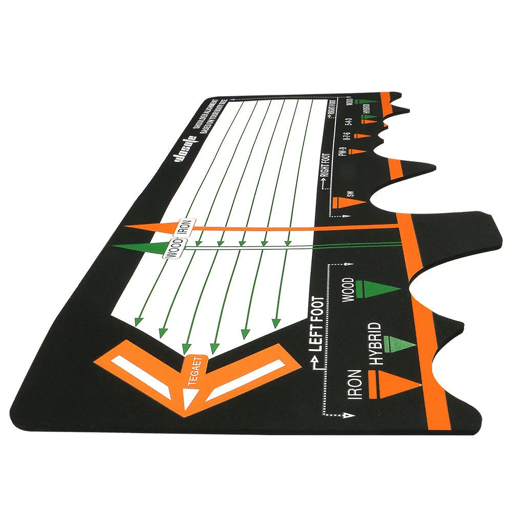 Black neoprene golf swing posture correction mat with directional alignment markings