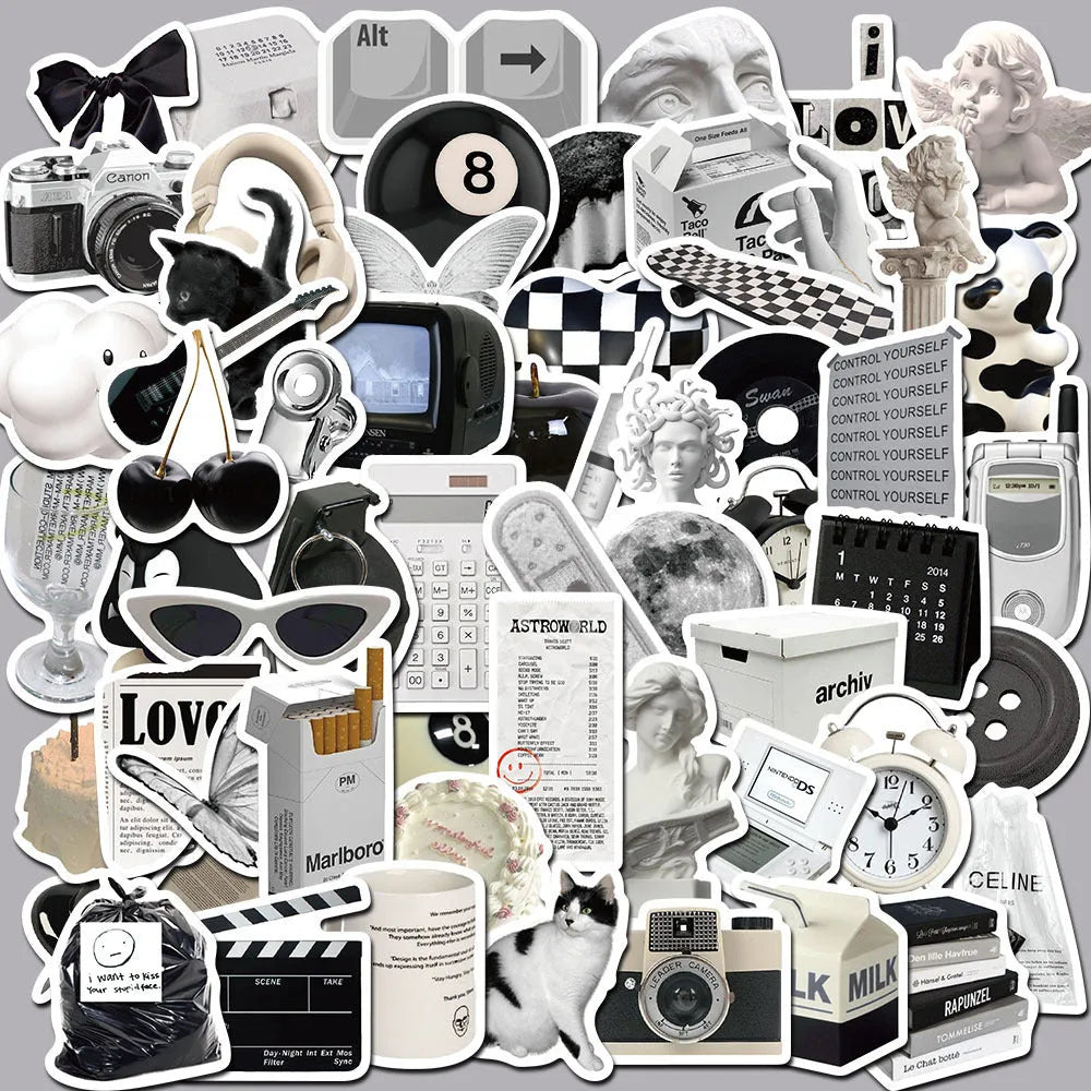 61-piece black and white waterproof PVC sticker set for laptops, phones, and luggage.