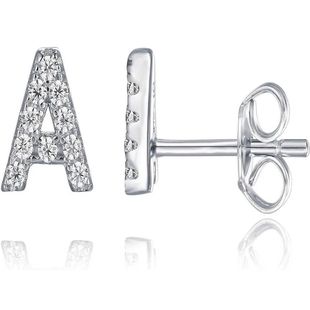 Brass gold plated alphabet letter earrings showing English character design with zircon elements